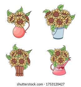 Cute hand drawn vector collection of sunflower bouquets in a basket, watering can, bucket and jug isolated on white background. For sticker, banner, print, card, fabric, label, advertising, textile.