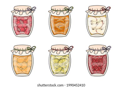 Colección vectorial de jarras de vidrio dibujadas a mano con mermelada de fruta casera aislada de fondo blanco. Elementos gráficos para paquete, banner, impresión, tarjeta, tela, etiqueta, textil, papel envolvente, web.