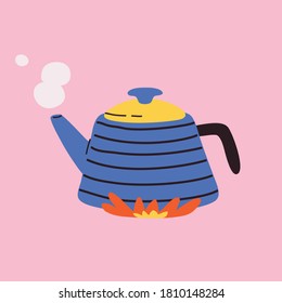 Cute hand drawn vector colorful funny cartoon style illustration  of  boiling teapot  