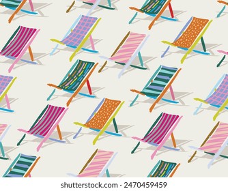 Cute Hand drawn Vector Colorful beach chair  Travel background with Striped , dots Seamless pattern Vector,Design for fashion , fabric, textile, wallpaper , wrapping and all prints