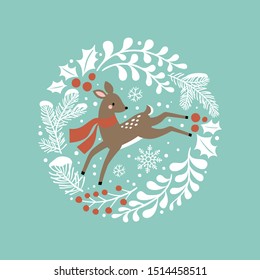 Cute hand drawn vector deer in wreath. Perfect for tee shirt logo, greeting card, poster, invitation or print design. 