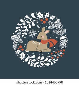 Cute hand drawn vector deer in wreath. Perfect for tee shirt logo, greeting card, poster, invitation or print design. 