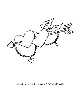 Cute hand drawn vector doodle illustration. Black outlines Isolated on white background. Decorative hearts with arrow. Cute decorative element for romantic cards, printed materials etc