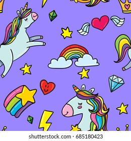 Cute hand drawn vector doodle style seamless pattern violet background with magic fairy unicorn horse, diamond, gem. flying heart with wings, flash and rainbow star. Fancy comic 80s-90s style 