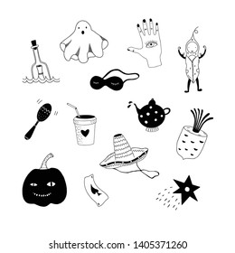 Cute hand drawn vector doodles of funny and weird images and characters for design, prints, cards, posters, invitation. Illustration sticker pack isolated on white background.