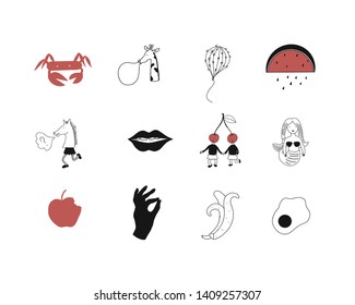 Cute hand drawn vector doodles of funny and weird images and characters for design, prints, cards, posters, invitation. Illustration sticker pack isolated on white background.