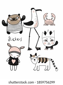 Cute hand drawn vector doodles of funny weird images and characters for design, prints, cards, posters, invitation. Illustration sticker pack isolated on white background.
