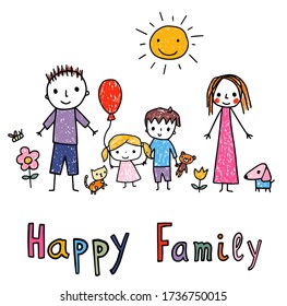 Cute hand drawn vector drawing of happy family, couple with sun and daughter in childish doodle style