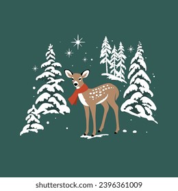 Cute hand drawn vector fawn in snowy winter woodland. Perfect for tee shirt logo, greeting card, poster, invitation or print design. 