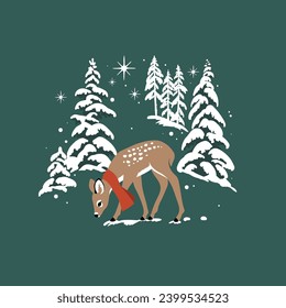 Cute hand drawn vector fawn in snowy winter woodland. Perfect for tee shirt logo, greeting card, poster, invitation or print design. 