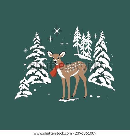 Cute hand drawn vector fawn in snowy winter woodland. Perfect for tee shirt logo, greeting card, poster, invitation or print design. 
