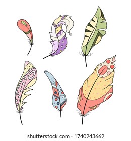 Cute hand drawn vector feathers collection isolated on white background. Colorful boho style feathers for package, wrapping paper, banner, print, card, gift, fabric, label, advertising, textile.