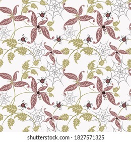 Cute hand drawn vector floral seamless pattern. Simple elegant texture with green and brown leaves, cartoon spiders and spiderweb. Stylish abstract botanical background. Repeat design for decoration