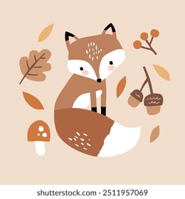 Cute hand drawn vector fox with leaves, mushroom and berry. Perfect for tee shirt logo, greeting card, poster, invitation or nursery print design. EPS 10 vector file.