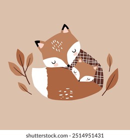 Cute hand drawn vector fox family with leaves. Perfect for tee shirt logo, greeting card, poster, invitation or nursery print design. EPS 10 vector file.