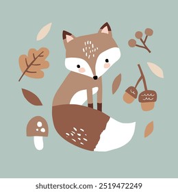 Cute hand drawn vector fox with leaves, mushroom and berry. Perfect for tee shirt logo, greeting card, poster, invitation or nursery print design. EPS 10 vector file.