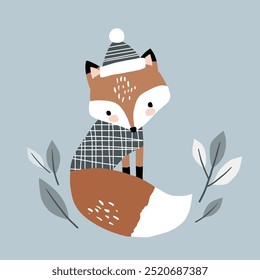 Cute hand drawn vector fox with leaves. Perfect for tee shirt logo, greeting card, poster, invitation or nursery print design. EPS 10 vector file.