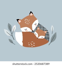 Süß handgezeichnete Vektor Fuchs Familie mit Blättern. Perfekt für T-Shirt-Logo, Grußkarte, Poster, Einladung oder Kindergarten-Print-Design. EPS 10 Vektordatei.