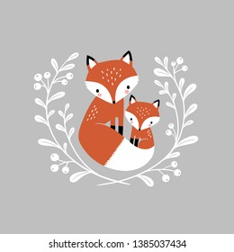 Cute hand drawn vector foxes in wreath. Perfect for tee shirt logo, greeting card, poster, invitation or print design. You can find the matching seamless pattern in my Woodland set. 