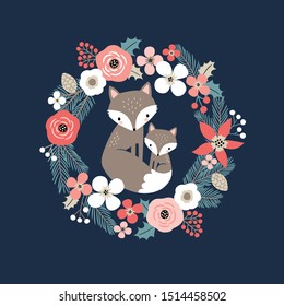Cute hand drawn vector foxes in floral wreath. Perfect for tee shirt logo, greeting card, poster, invitation or print design. 