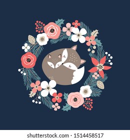 Cute hand drawn vector foxes in floral wreath. Perfect for tee shirt logo, greeting card, poster, invitation or print design. 