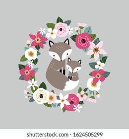 Cute hand drawn vector foxes in spring floral wreath. Perfect for tee shirt logo, greeting card, poster, invitation or print design. 