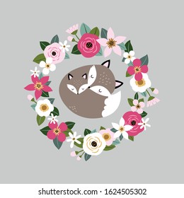 Cute hand drawn vector foxes in spring floral wreath. Perfect for tee shirt logo, greeting card, poster, invitation or print design. 