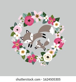 Cute hand drawn vector foxes in spring floral wreath. Perfect for tee shirt logo, greeting card, poster, invitation or print design. 