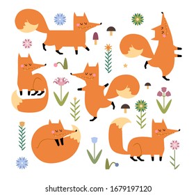 Cute hand drawn vector foxes and flowers in flat style. Little funny stylized foxes for your design.