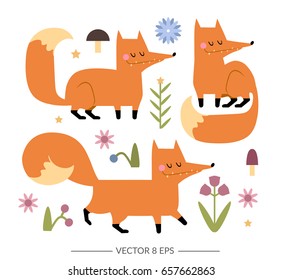 Cute hand drawn vector foxes and flowers in flat style. Little funny stylized foxes for your design.