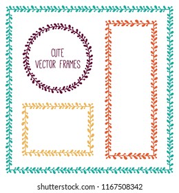 Cute hand drawn vector frames set. Collection of colorful doodle botanic decorative elements for art and design.  Perfect for cards, invitations, banners and prints