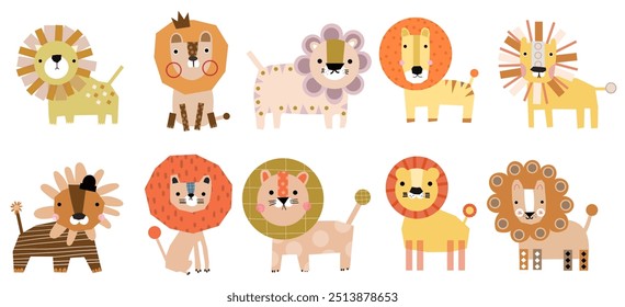 Cute hand drawn vector handmade lion cat childish character silhouette for game, worksheet puzzle maze.