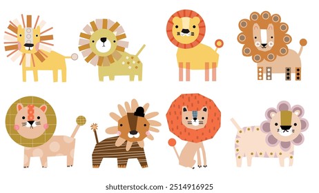 Cute hand drawn vector handmade lion cat childish character silhouette for game, worksheet puzzle maze.