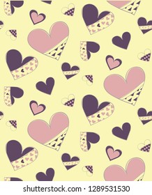 Cute Hand Drawn vector hearts pattern. Purple and rose colors. Perfect Vintage design for fabric, printing products, wrapping paper and scrapbooking elements.