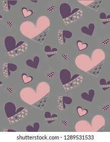 Cute Hand Drawn vector hearts pattern. Purple and rose colors. Perfect Vintage design for fabric, printing products, wrapping paper and scrapbooking elements.