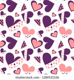 Cute Hand Drawn vector hearts pattern. Purple and rose colors. Perfect Vintage design for fabric, printing products, wrapping paper and scrapbooking elements.