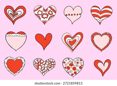 Cute hand drawn vector hearts in pink and red colors with black outlines and different patterns for Valentine's Day designs