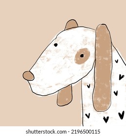 Cute Hand Drawn Vector Illustartion with White Puppy. Crayon Style Drawing with White Dog with Long Brown Ears and Black Little Hearts on its Fur. Funny Print for Dog Lovers, Card, Poster, Wall Art.