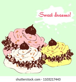 Cute hand drawn  vector illustration of vanilla, lemon and strawberry meringue cookies with nuts,  on blue background with text "sweet dreams". 