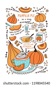 Cute hand drawn vector illustration. Pumpkin pie in a mug. Pumpkin recipe for thanksgiving day for tea towel design.