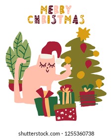 Cute hand drawn vector illustration of Cat with decorated tree and presents box wearing Santa Claus hat. Kid minimal scandinavian style illustration. Merry Christmas phrase.