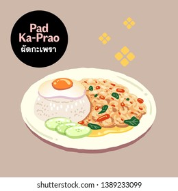 Cute Hand drawn vector illustration of Thai food Pad Ka-Prao or Thai stir-fried holy basil with fried egg