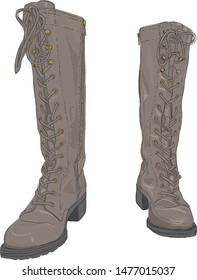 Cute hand drawn vector illustration of stylish, lace up, leather boots.