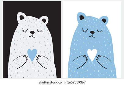 Cute Hand Drawn Vector Illustration and Bear Holding Heart  Sweet Nursery Art for Card  Invitation  Father's Mother's Day  Big White Polar Bear Black Background  Blue Teddy Bear White 