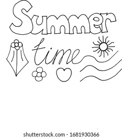 Dibujo vectorial a mano con las palabras "verano" y sol, corazón, flores, olas como elemento de diseño para tarjetas de felicitación o para la fabricación de ropa.