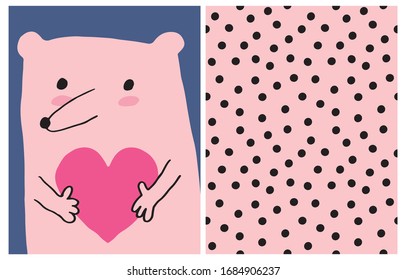 Cute Hand Drawn Vector Illustration with Pink Bear Holding Heart. Sweet Nursery Art for Card, Invitation, Father's or Mother's Day. Simple Dotted Vector Pattern. Black Polka Dots Isolated on a Pink.