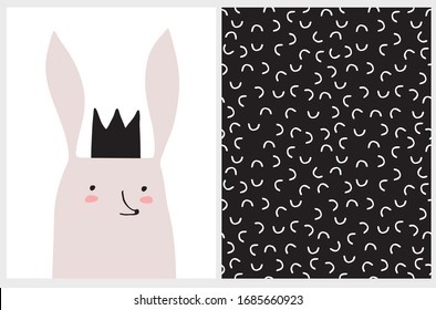 Cute Hand Drawn Vector Illustration with King Bunny. Sweet Nursery Art. Funny Rabbit in Black Crown Isolated on a White Background. Geometric Vector Seamless Pattern. White Arcs Isolated on a Black.