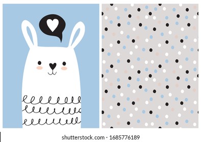 Cute Hand Drawn Vector Illustration with White Bunny. Sweet Nursery Art. Funny White Rabbit in Love Isolated on a Light Blue Background. Dotted Vector Seamless Pattern. Polka Dots Isolated on a Gray.