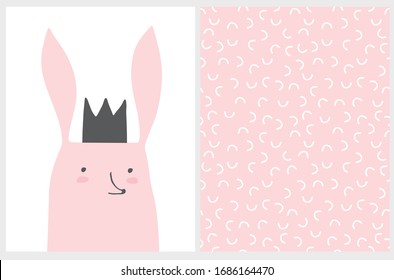 Cute Hand Drawn Vector Illustration with Queen Bunny. Sweet Nursery Art. Funny Rabbit in Black Crown Isolated on a White Background. Geometric Vector Seamless Pattern. White Arcs Isolated on a Pink.