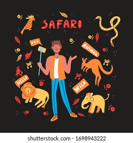 Cute hand drawn vector illustration with African animals as lion, snake, elephant, kangaroo. Man makes selfie.